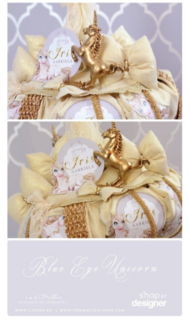 Lumanare de botez cu unicorni gold, 65x4 cm, Unicornul cu ochi albastri 1